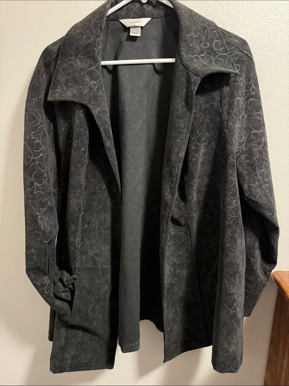 CJ Banks Charcoal Open-Front Blazer with Subtle Swirl Detail